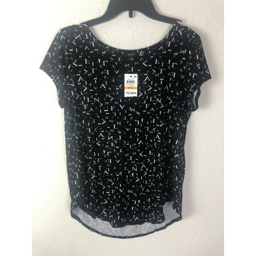 Alfani Printed Short Sleeve T-Shirt Black White Logo Size Small S NEW